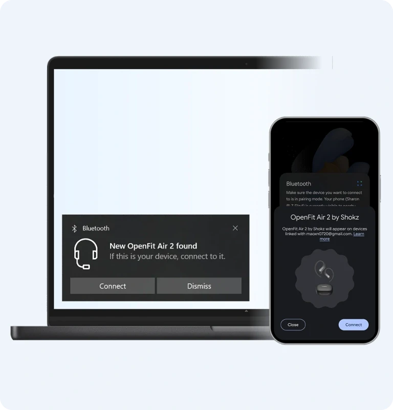 Shokz OpenFit Air 2 one-tap connection with Fast Pair and Swift Pair