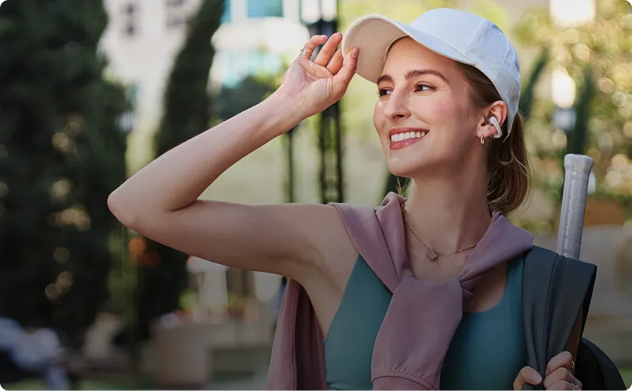 Open earbuds for commute with secure, hygienic fit.